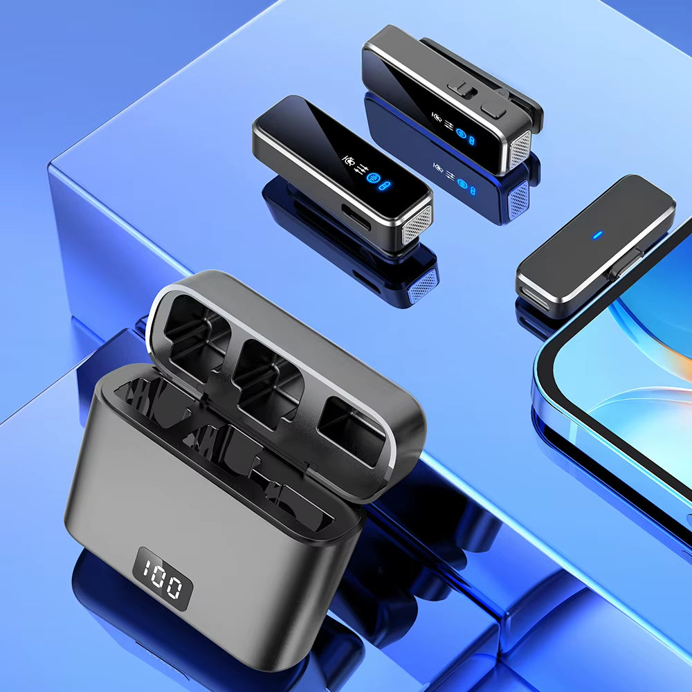 Wireless Lavalier Microphone with LCD Display Charging Box Wireless Lapel Microphone Noise Reduction Mic for Iphone Android