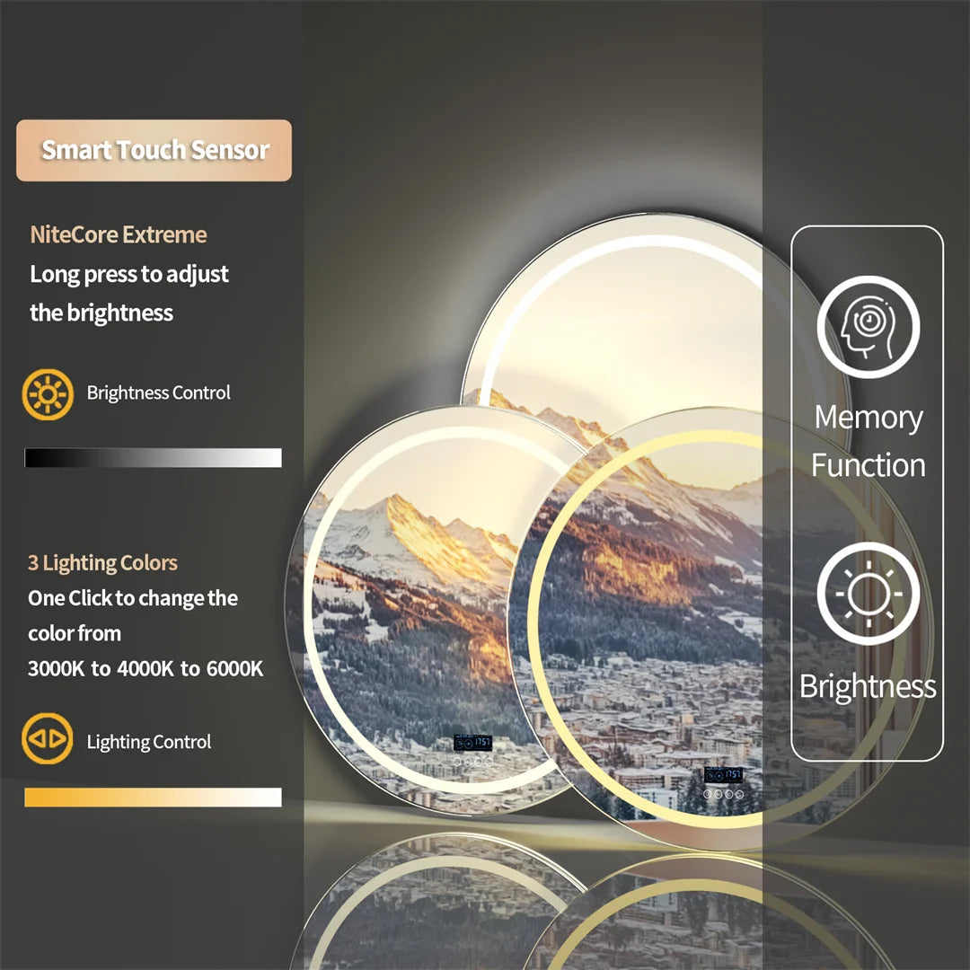 round Bathroom Mirror with Dual Bluetooth Speakers Anti-Fog Lighted Shower Vanity Mirror with Time Weather Display