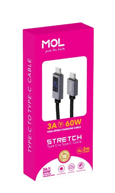 MOL Stretch 60W Type-C to Type-C Fast Charging Cable – 3A, 2-Meter, Digital Display