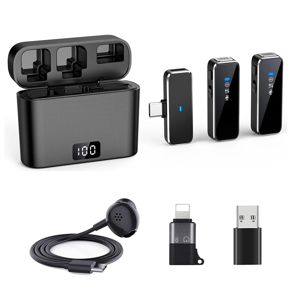Wireless Lavalier Microphone with LCD Display Charging Box Wireless Lapel Microphone Noise Reduction Mic for Iphone Android