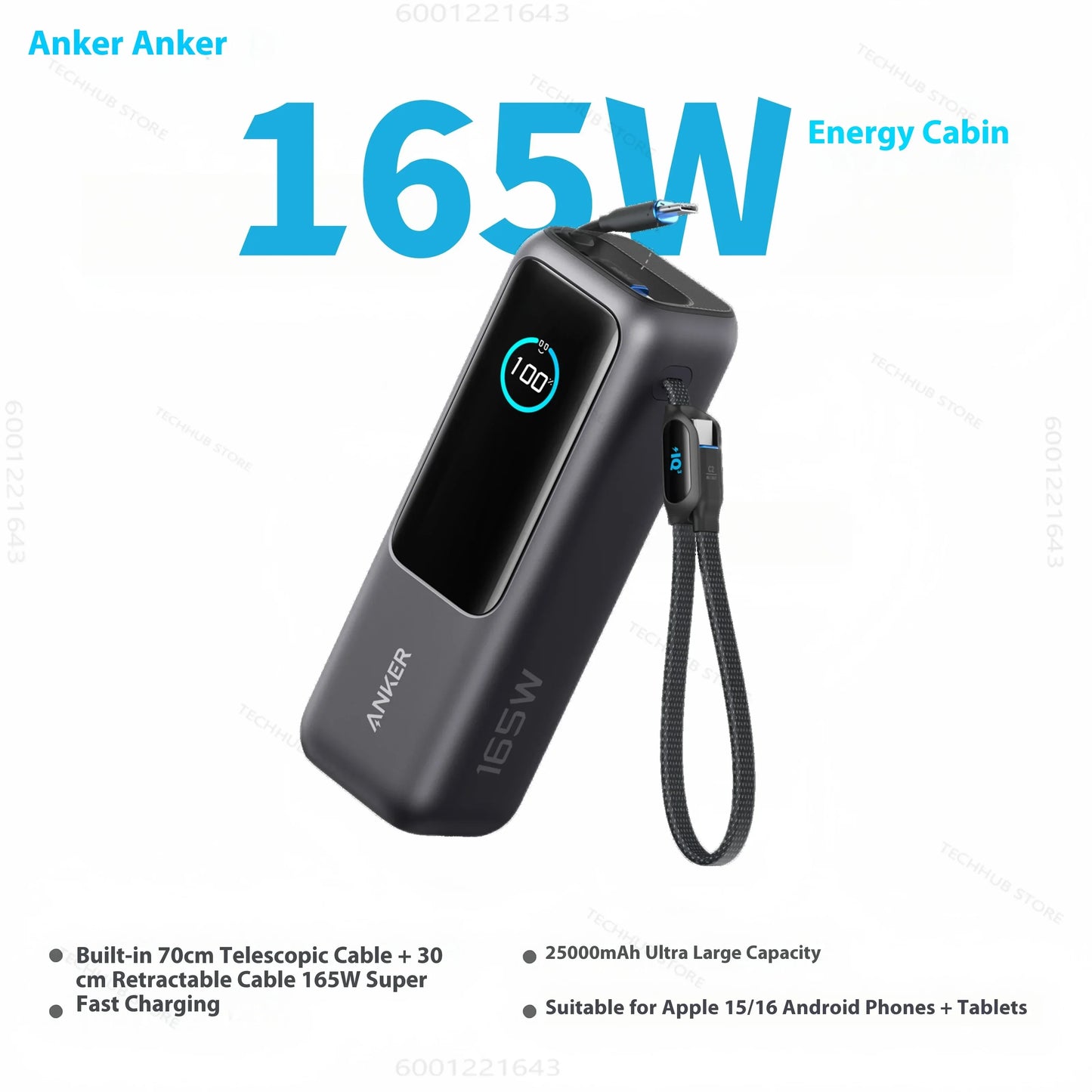 Anker Zolo Power Bank 25000Mah 165W Max Fast Charge High Capacity Retractable Cables Mobile Phone Power Bank Lightweight PC