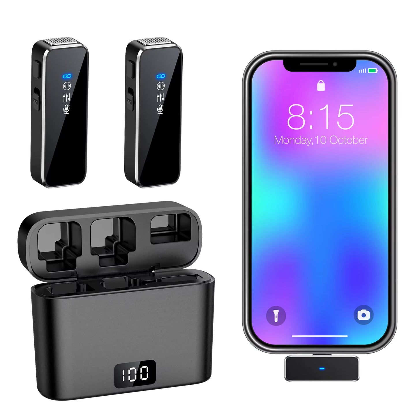 Wireless Lavalier Microphone with LCD Display Charging Box Wireless Lapel Microphone Noise Reduction Mic for Iphone Android