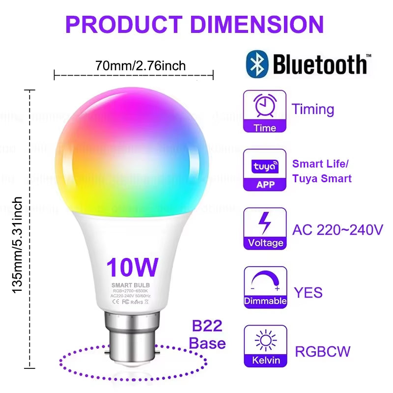 Colour Changing Light B22 Tuya Bluetooth APP Control 220V LED Bulbs Dimmable RGB White RGBCCT 16 Million Smart Life