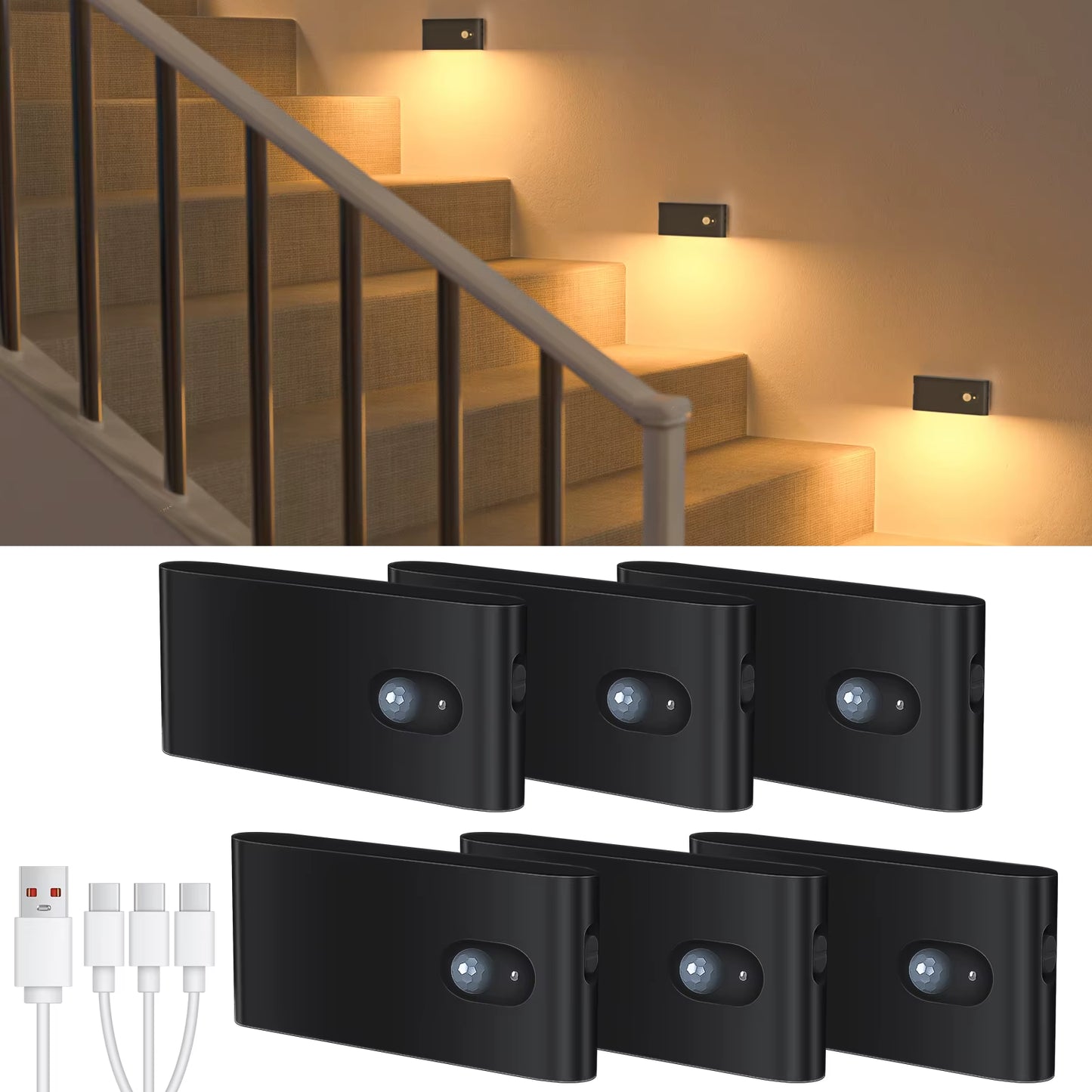 Motion Sensor Night Light Warm White Indoor Rechargeable Stair Light Indoor for Hallway Stairway Bathroom Bedroom Kitchen