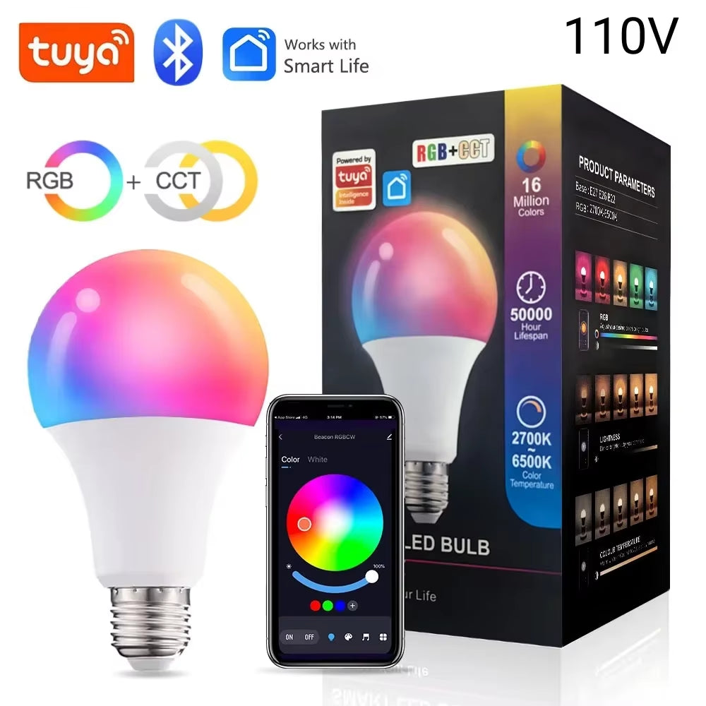 Tuya E27 Led Light Bulbs Bluetooth Smart Bulb 9W Color Changing Light Dimmable RGB Led Lamp 220V 110V Smart Life App Control A60