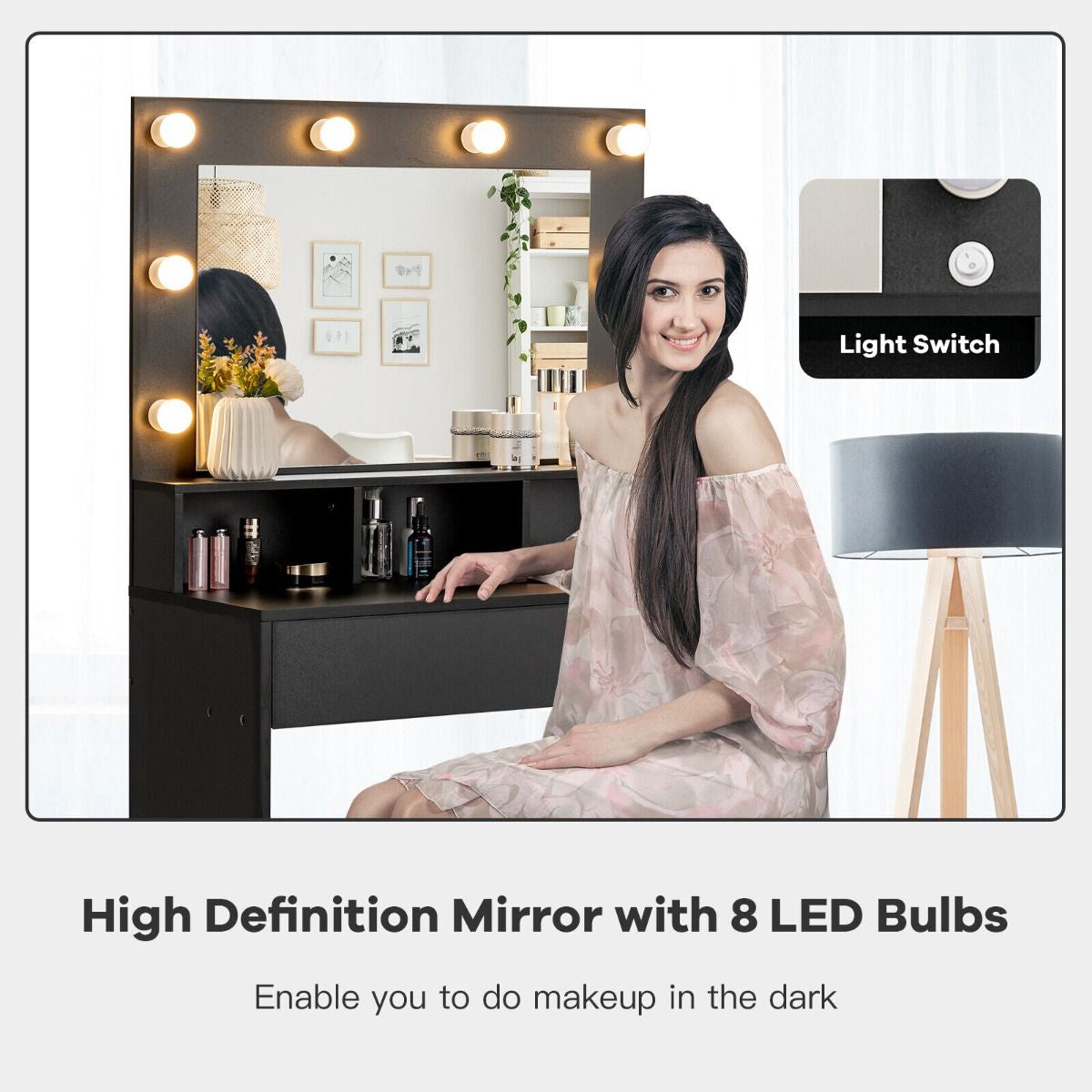 Vanity Set with LED Lighted Mirror Modern Dressing Makeup Vanity Table with Large Drawer