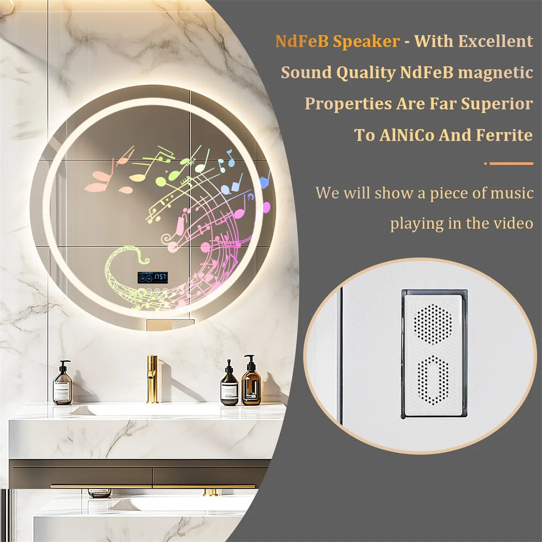 round Bathroom Mirror with Dual Bluetooth Speakers Anti-Fog Lighted Shower Vanity Mirror with Time Weather Display