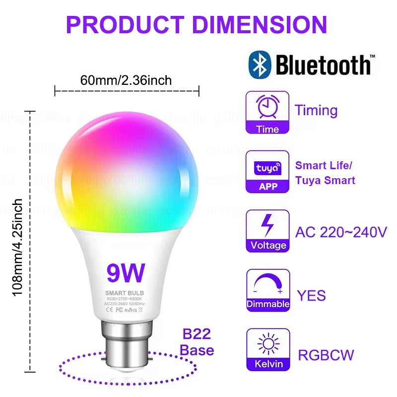 Colour Changing Light B22 Tuya Bluetooth APP Control 220V LED Bulbs Dimmable RGB White RGBCCT 16 Million Smart Life