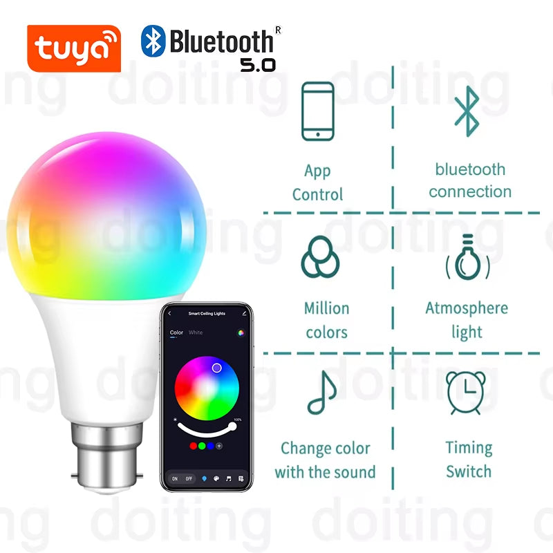 Colour Changing Light B22 Tuya Bluetooth APP Control 220V LED Bulbs Dimmable RGB White RGBCCT 16 Million Smart Life