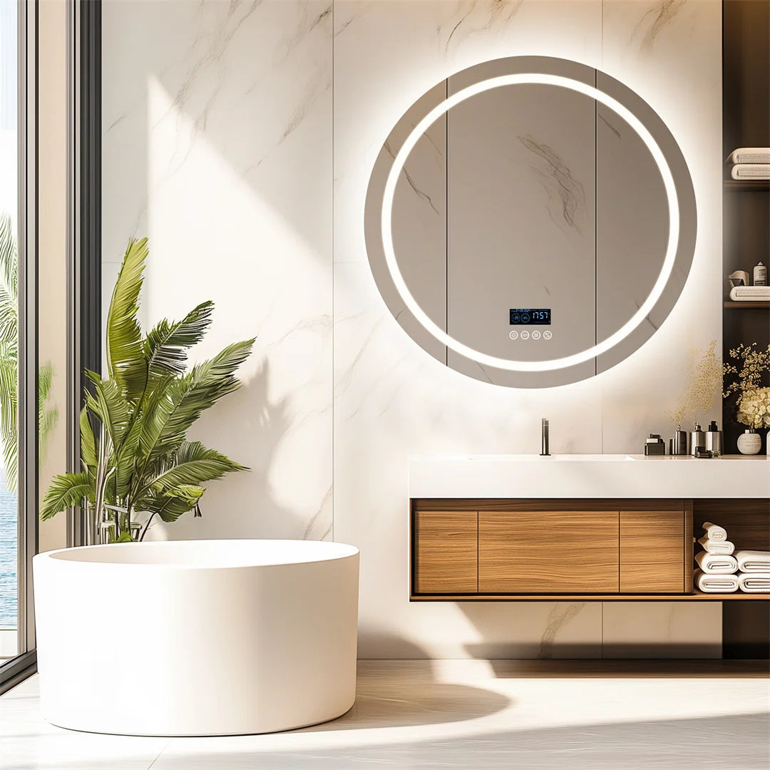 round Bathroom Mirror with Dual Bluetooth Speakers Anti-Fog Lighted Shower Vanity Mirror with Time Weather Display