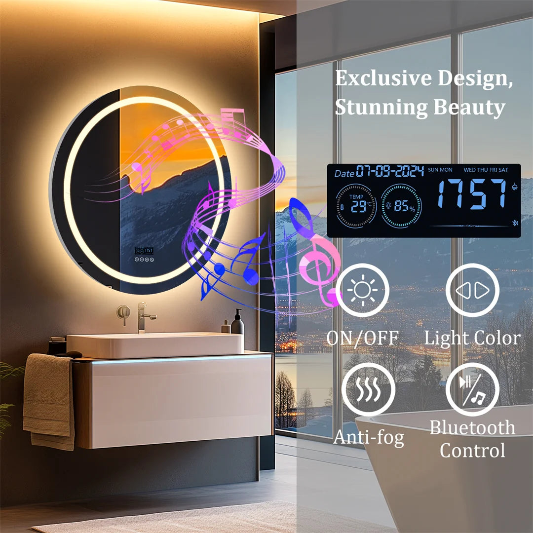 round Bathroom Mirror with Dual Bluetooth Speakers Anti-Fog Lighted Shower Vanity Mirror with Time Weather Display