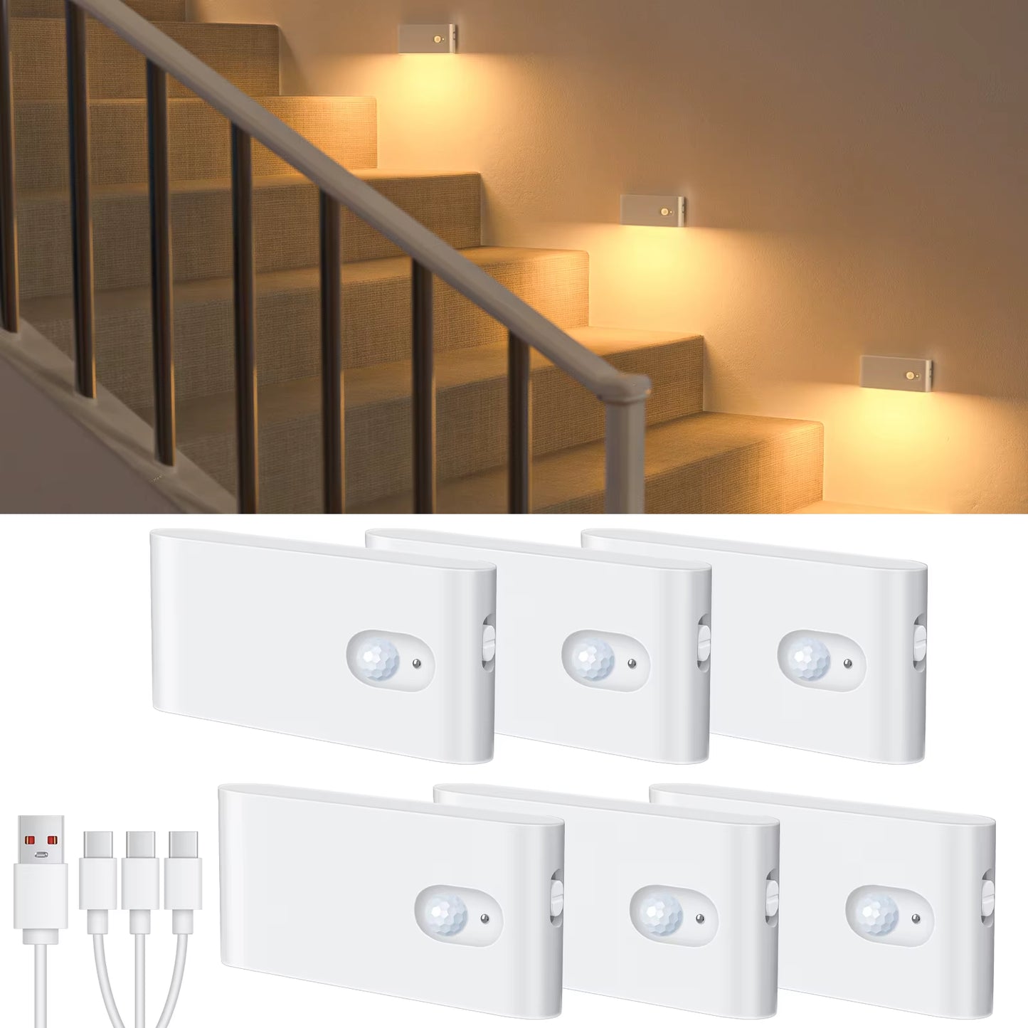 Motion Sensor Night Light Warm White Indoor Rechargeable Stair Light Indoor for Hallway Stairway Bathroom Bedroom Kitchen