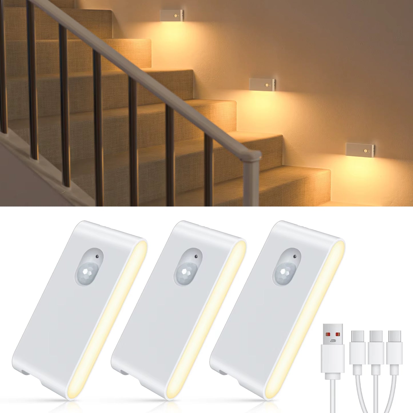 Motion Sensor Night Light Warm White Indoor Rechargeable Stair Light Indoor for Hallway Stairway Bathroom Bedroom Kitchen