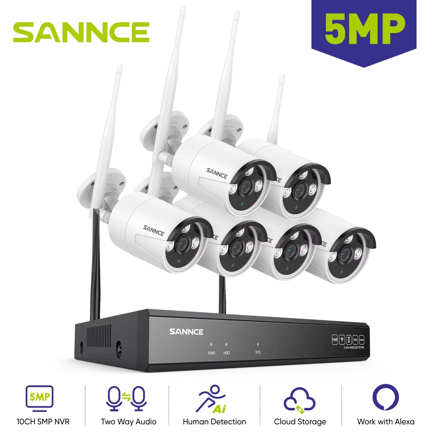 6PCS 5MP Wifi Camera IP Outdoor 10CH NVR Two-Way Audio Wireless Audio Video Security Surveillance Kit Cameras